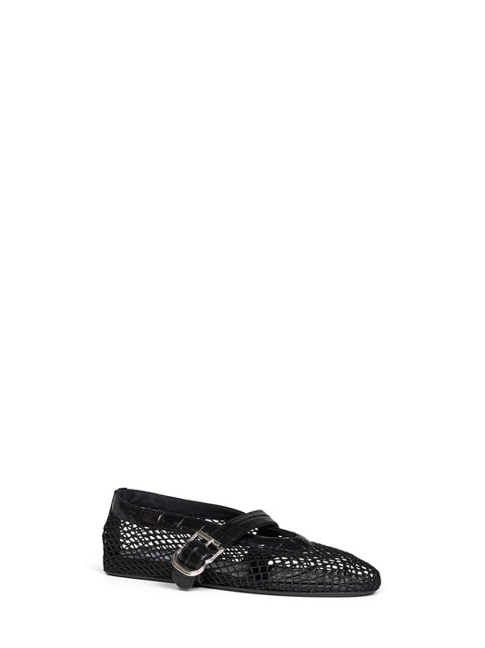 Black mesh and crocodile-embossed leather ballet flats