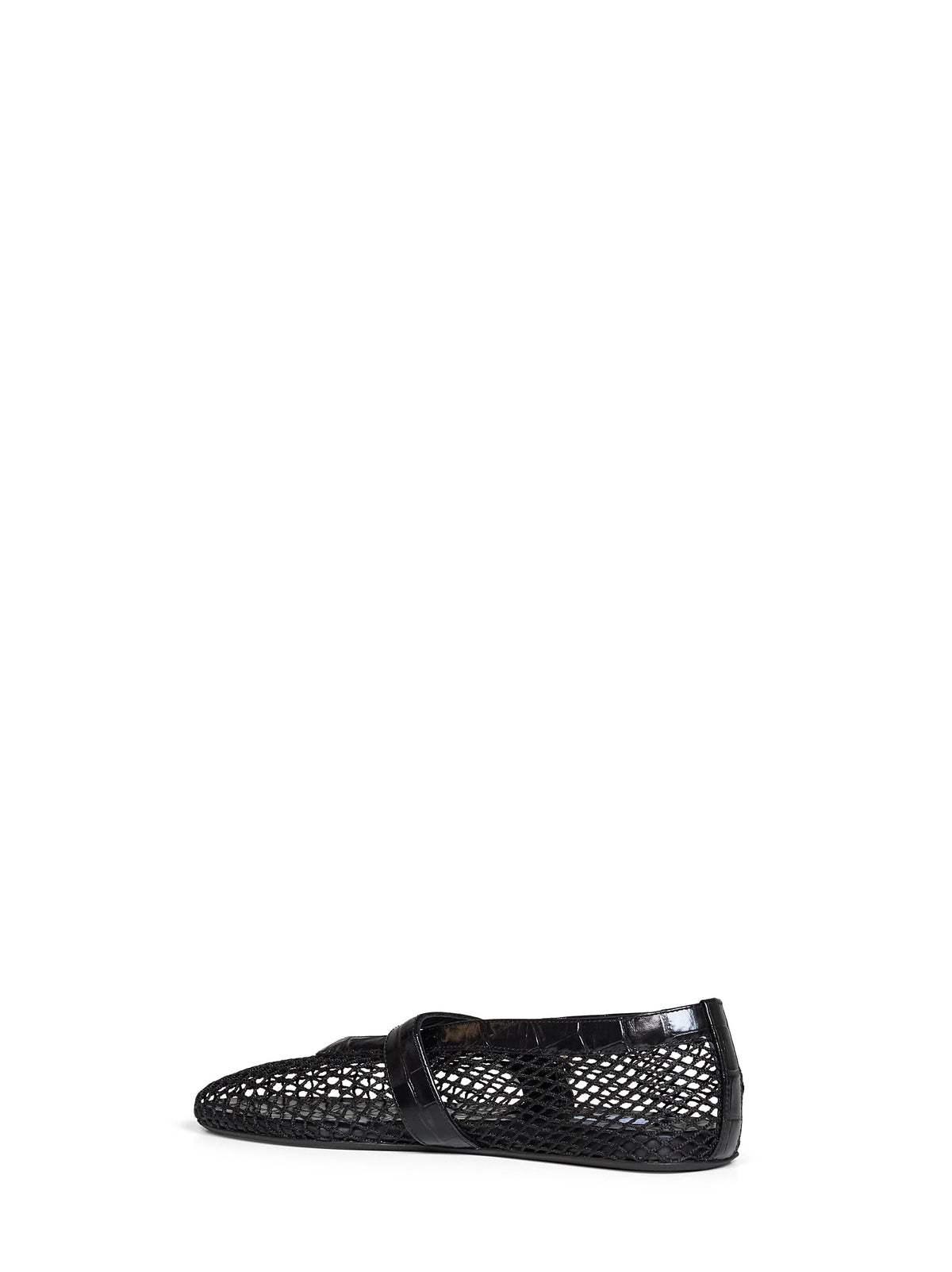 Black mesh and crocodile-embossed leather ballet flats