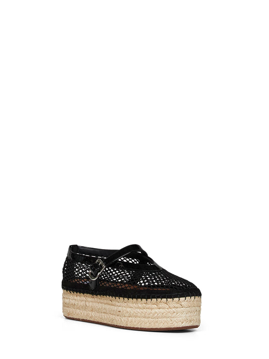 Black fishnet and patent leather wedge espadrilles