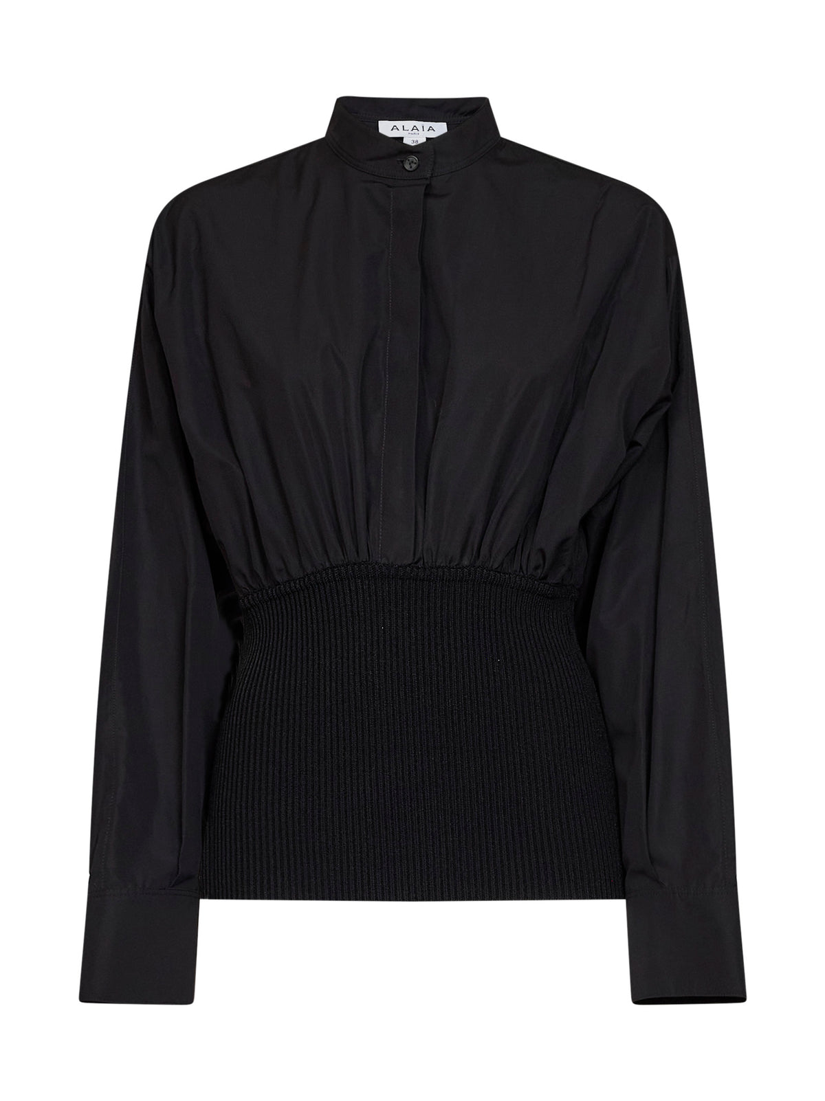 Black cotton poplin shirt with ribbed waist