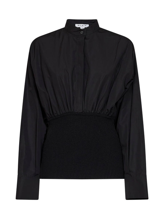 Black cotton poplin shirt with ribbed waist