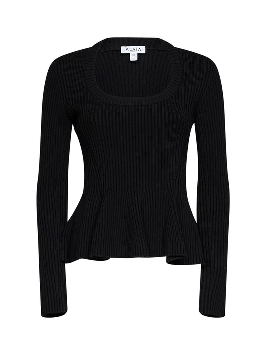 Black ribbed wool-blend knit peplum top