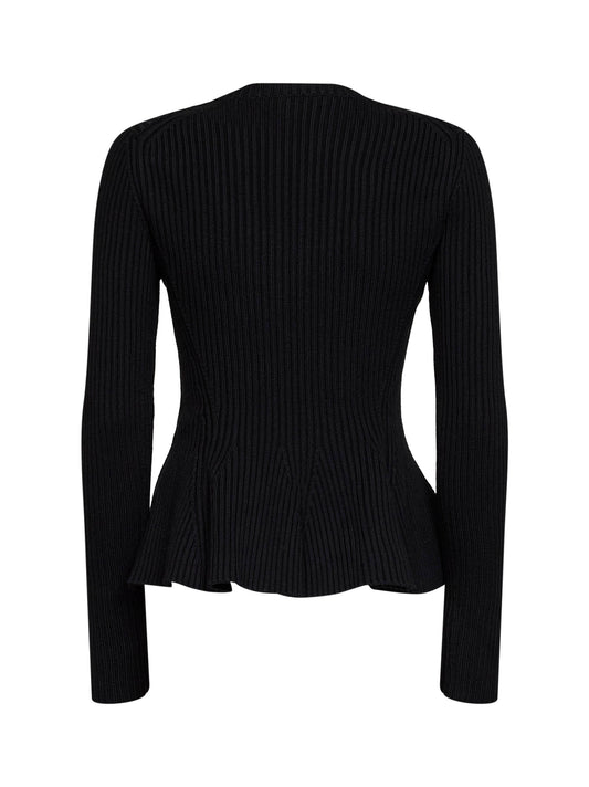 Black ribbed wool-blend knit peplum top