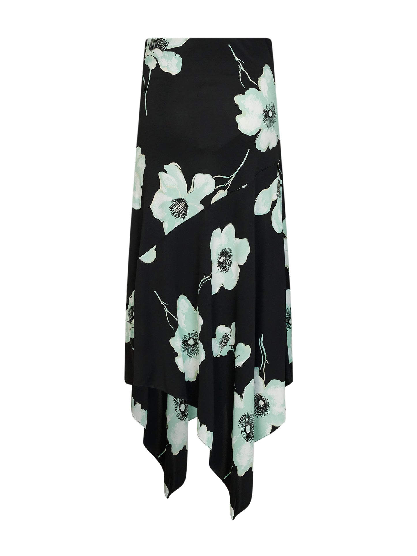 Black and aqua printed jersey asymmetric midi skirt
