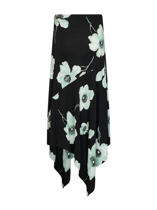 Gonna midi asimmetrica in jersey stampato nero e acqua