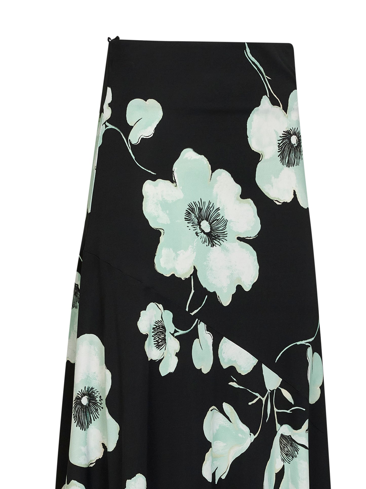 Black and aqua printed jersey asymmetric midi skirt