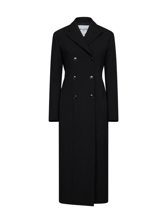 Black wool crêpe double-breasted tailored coat