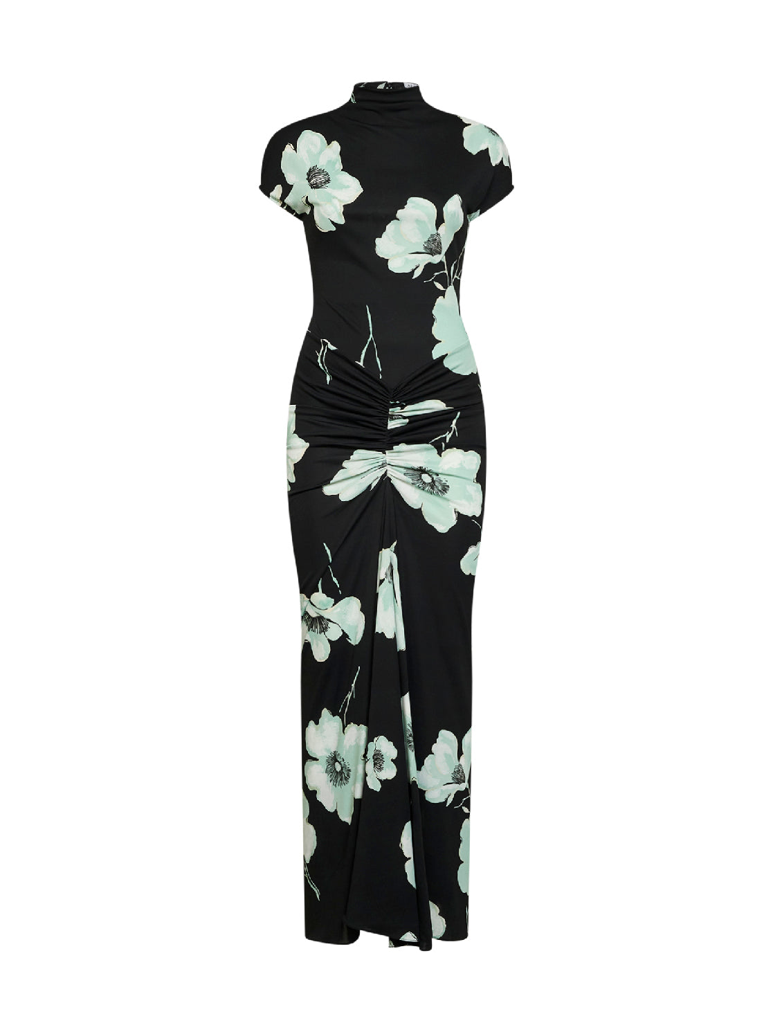 Black and aqua printed jersey long draped dress