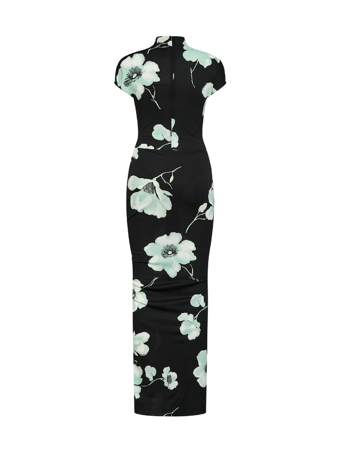 Black and aqua printed jersey long draped dress