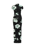 Black and aqua printed jersey long draped dress