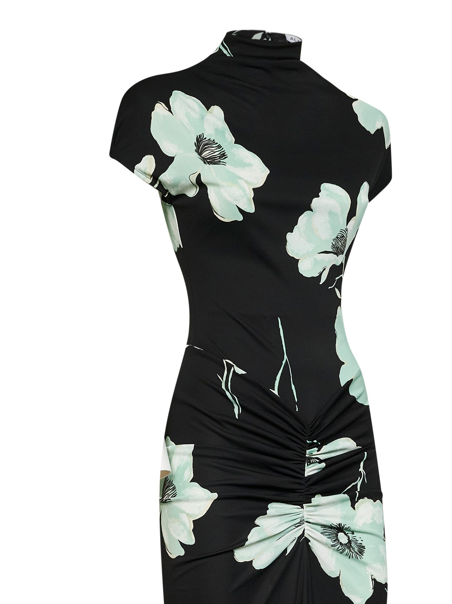 Black and aqua printed jersey long draped dress