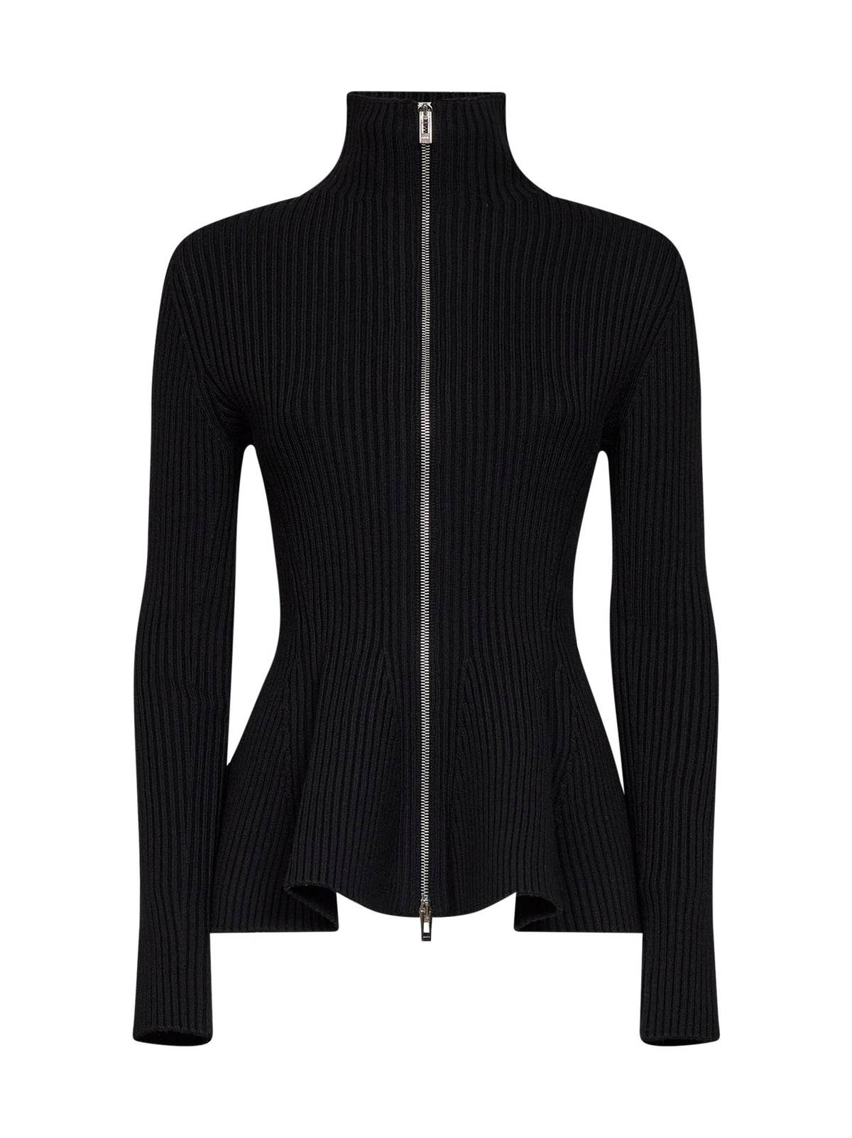 Cardigan peplum con zip in misto lana a coste nero