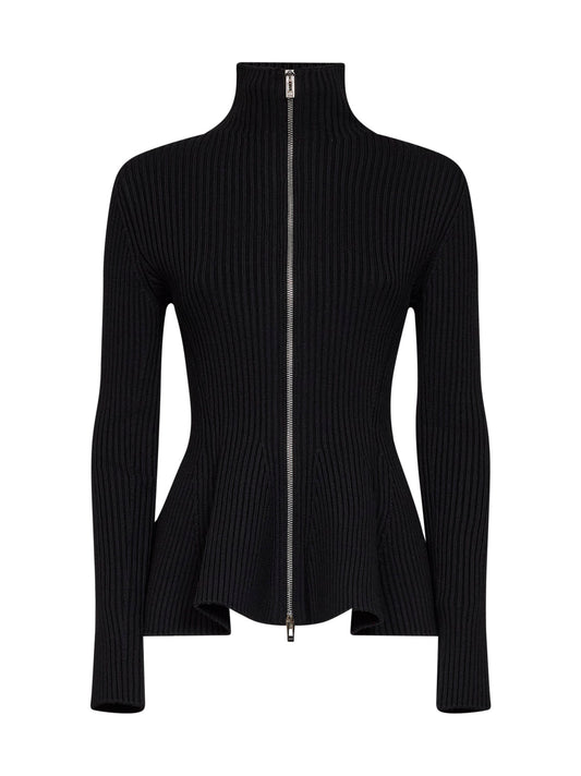 Black ribbed wool-blend zip-up peplum cardigan