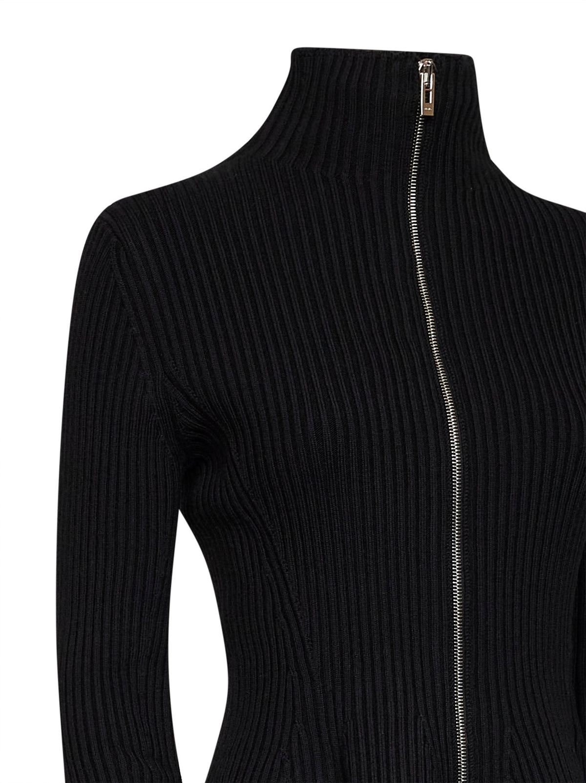 Cardigan peplum con zip in misto lana a coste nero