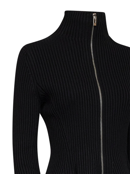 Black ribbed wool-blend zip-up peplum cardigan