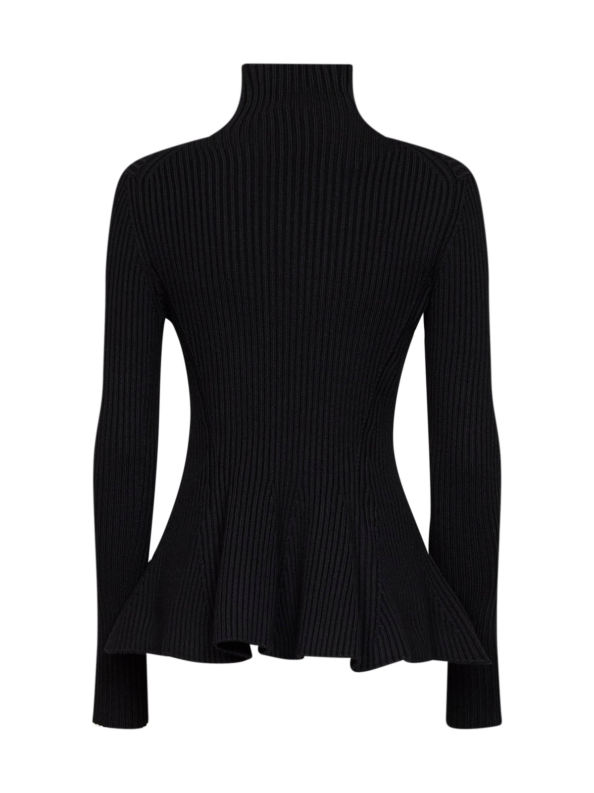 Cardigan peplum con zip in misto lana a coste nero