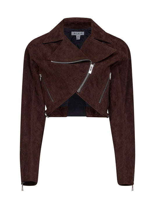 Brown suede cropped biker jacket