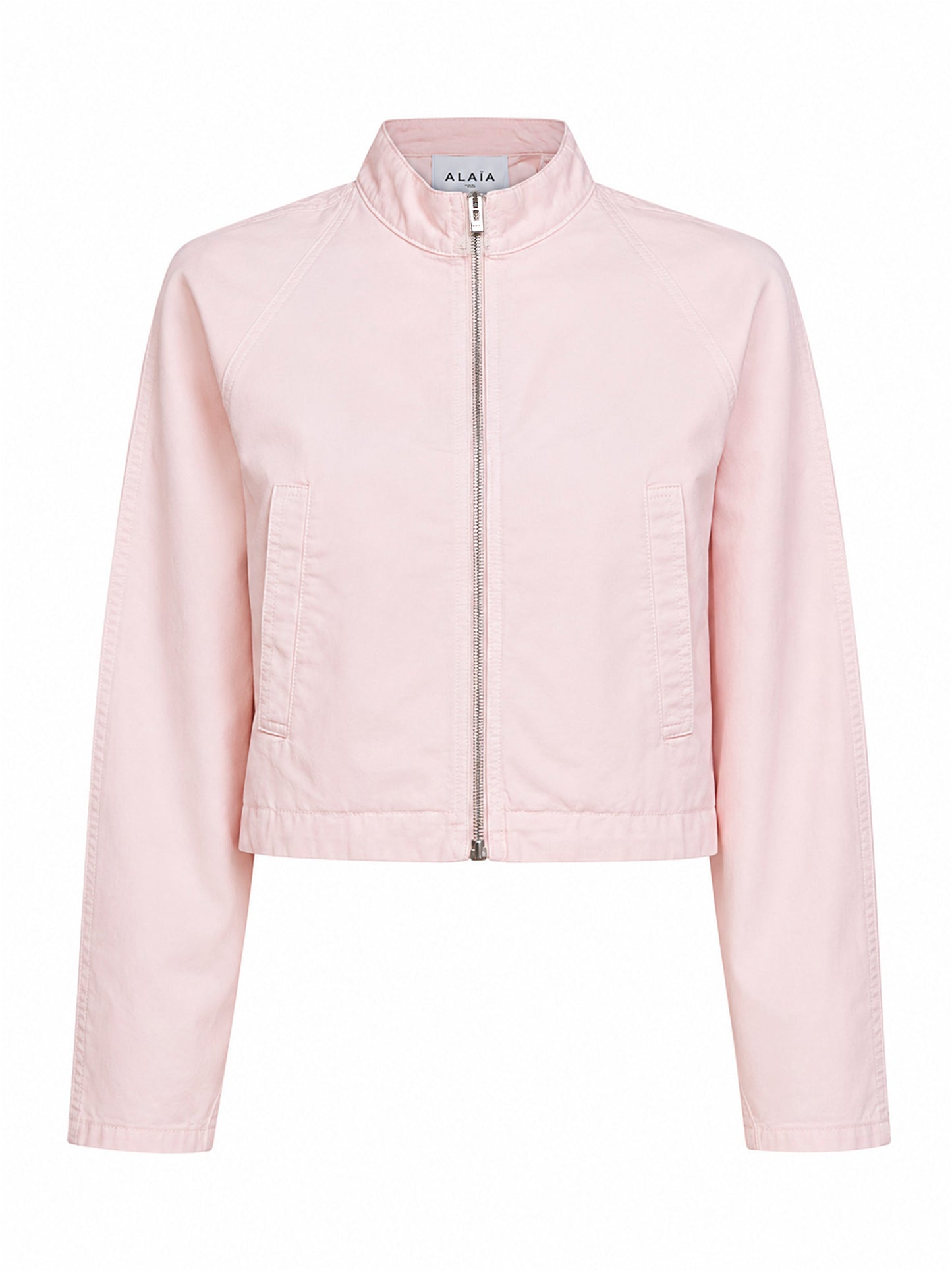 Giacca arrotondata in denim di cotone tinto rosa<BR/>