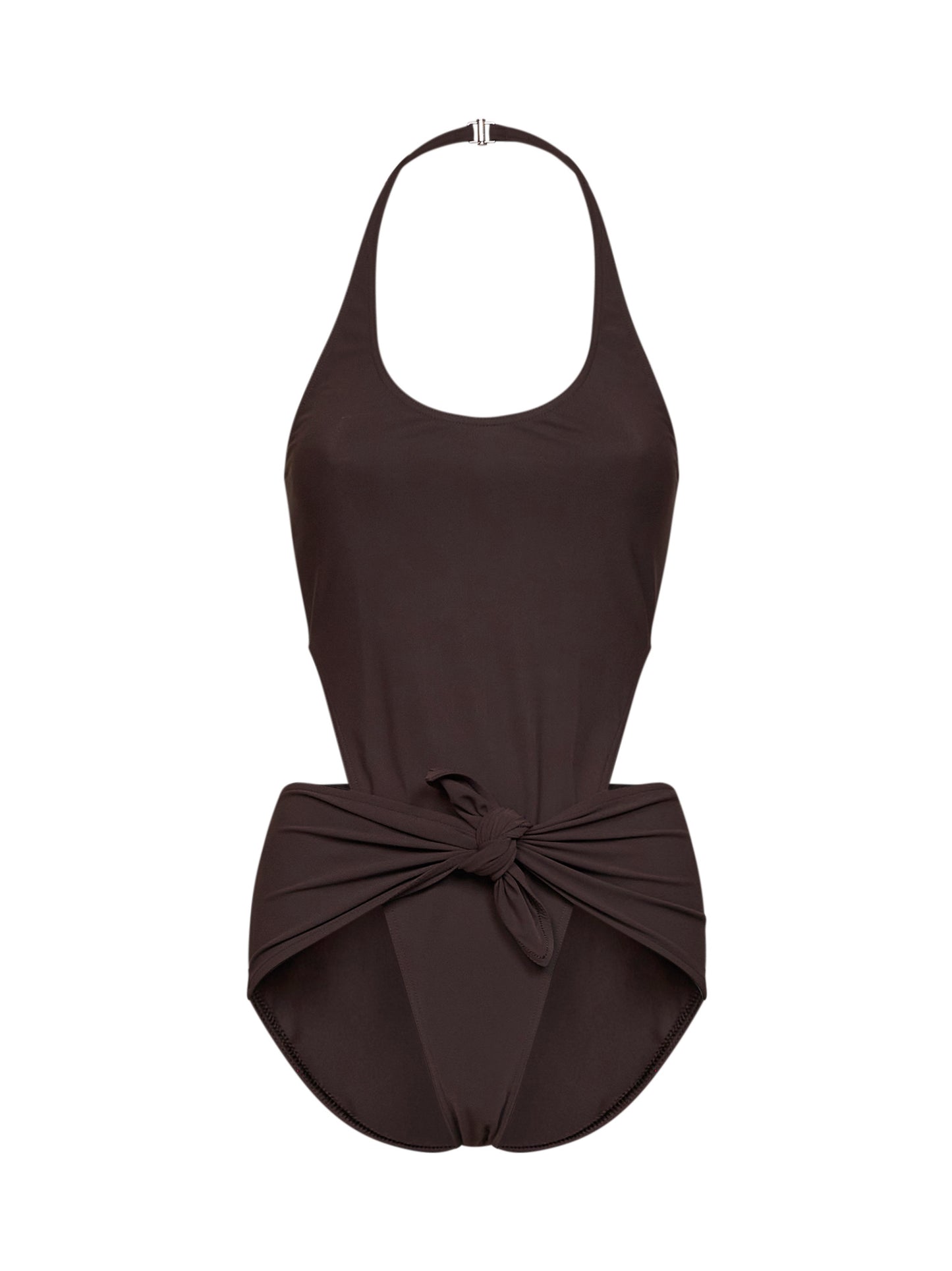 Chocolate jersey one-piece swimsuit with knot and cut-outs
