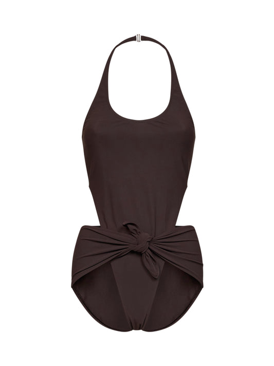 Costume intero in jersey cioccolato con nodo e cut-out