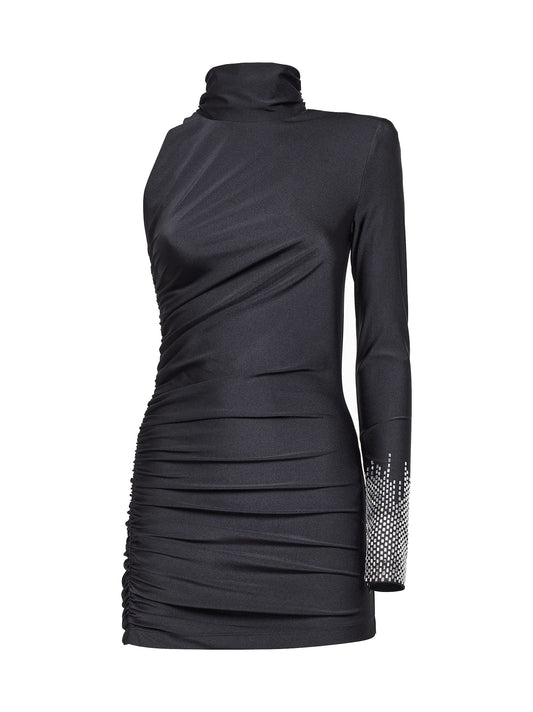 Black lycra hotfixed one-shoulder minidress