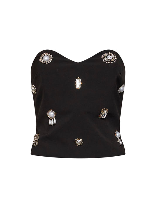 Top bustier in crêpe stretch nero con ricami gioiello