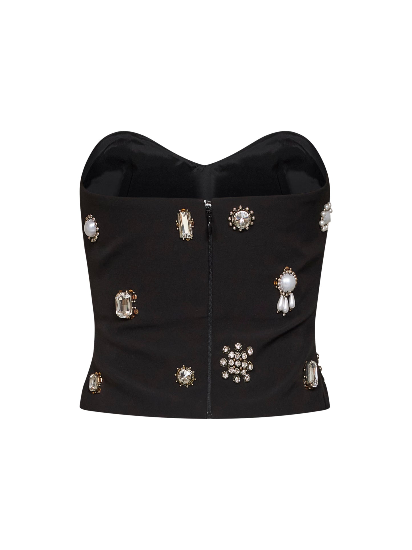 Black stretch crêpe bustier top with jeweled embroidery