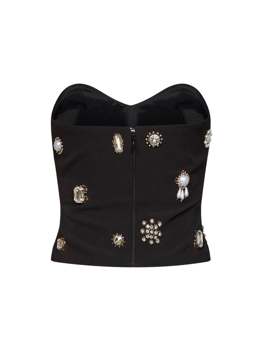 Top bustier in crêpe stretch nero con ricami gioiello
