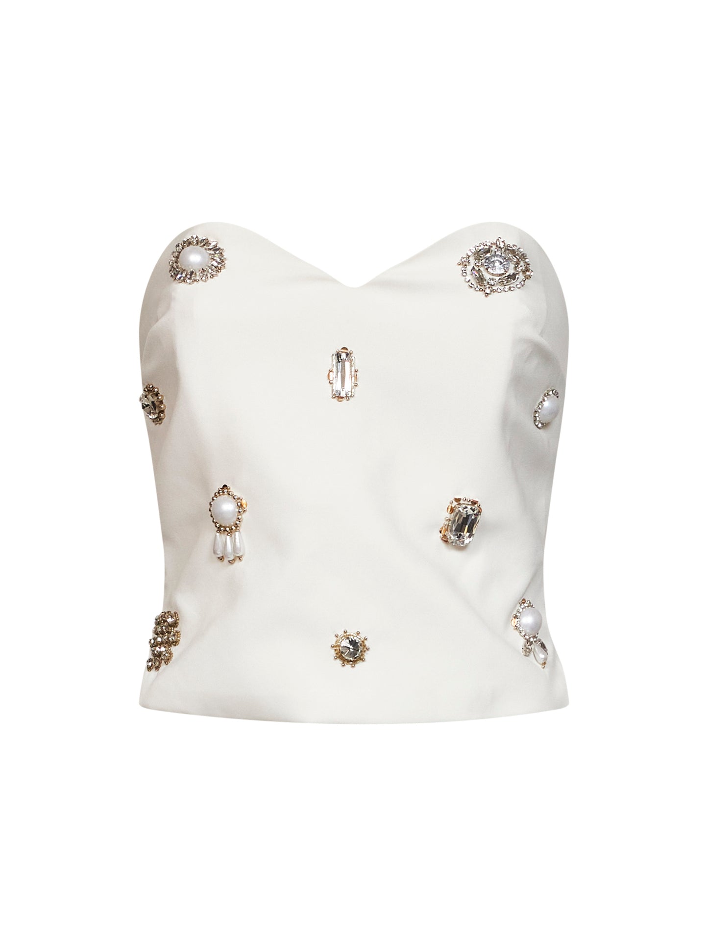 White stretch crêpe bustier top with jeweled embroidery