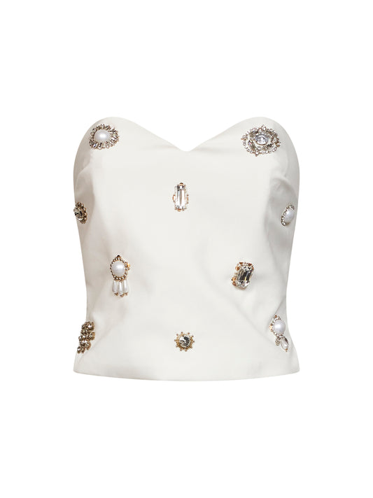 Top bustier in crêpe stretch bianco con ricami gioiello