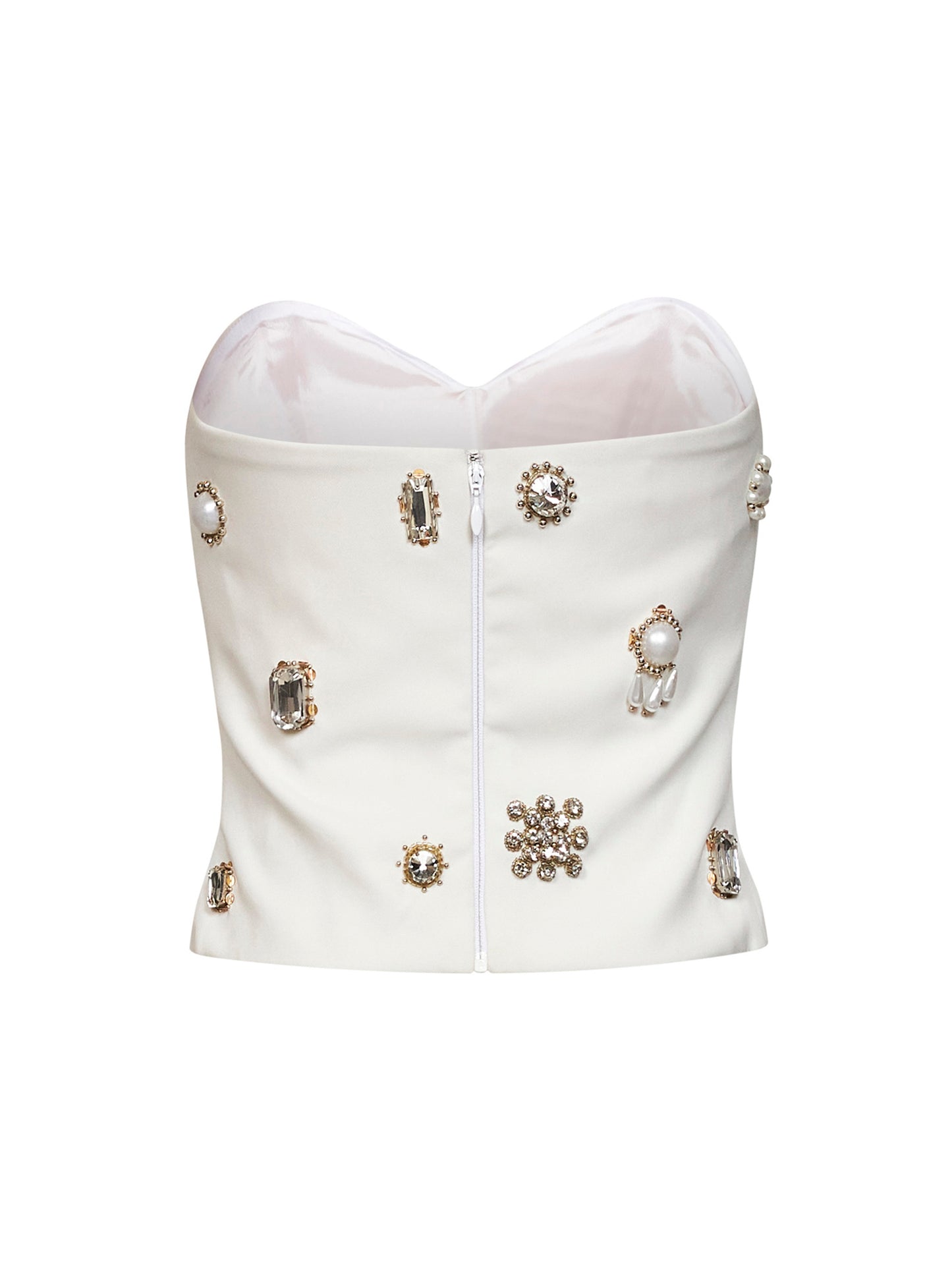 White stretch crêpe bustier top with jeweled embroidery
