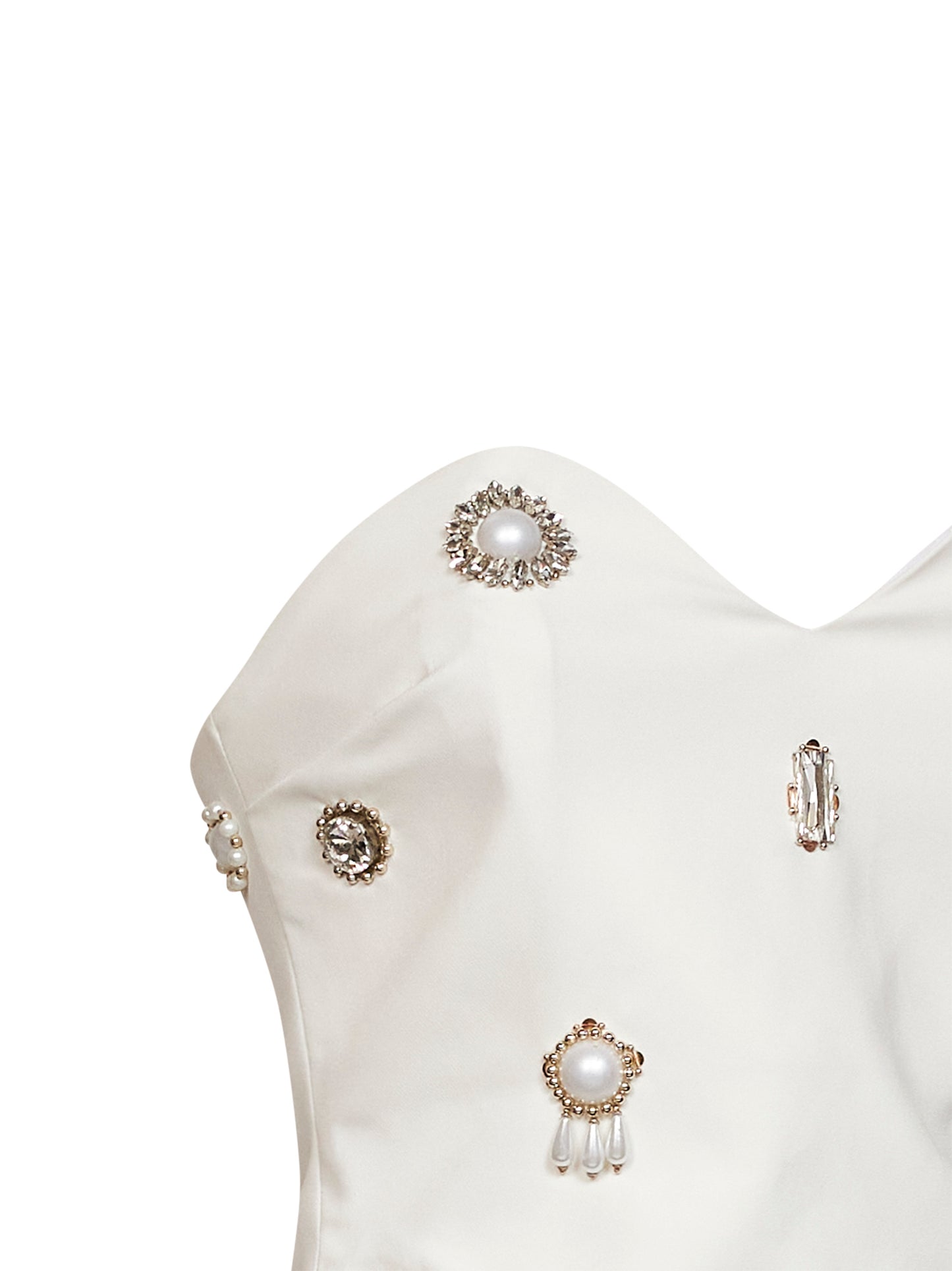 White stretch crêpe bustier top with jeweled embroidery