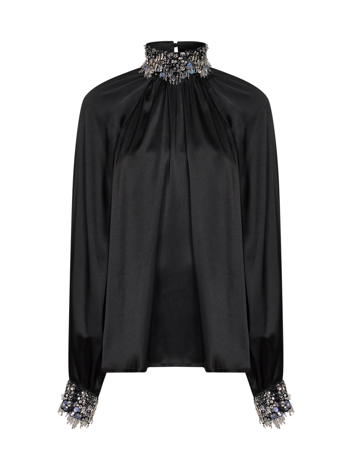 Blusa arricciata in raso di misto seta nero con ricami