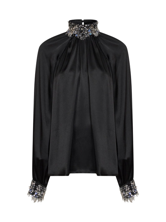 Blusa arricciata in raso di misto seta nero con ricami