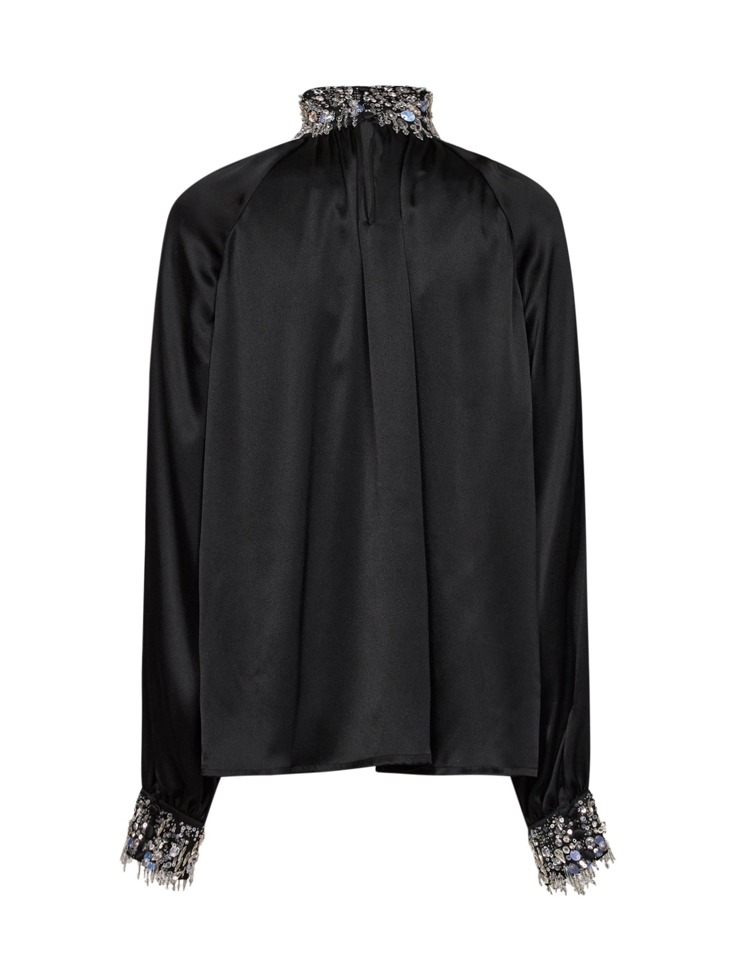 Blusa arricciata in raso di misto seta nero con ricami
