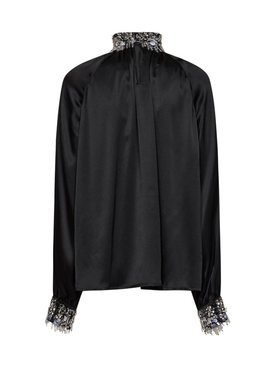 Blusa arricciata in raso di misto seta nero con ricami