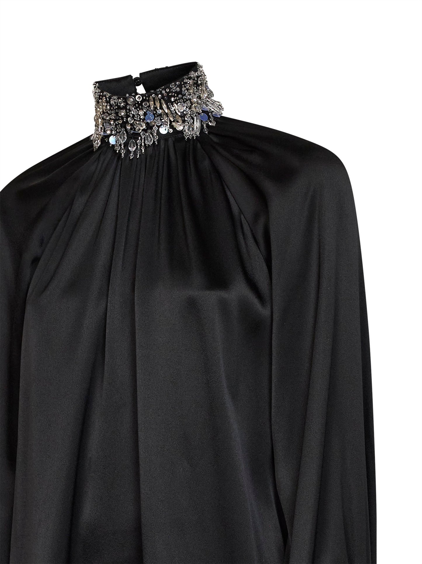 Blusa arricciata in raso di misto seta nero con ricami