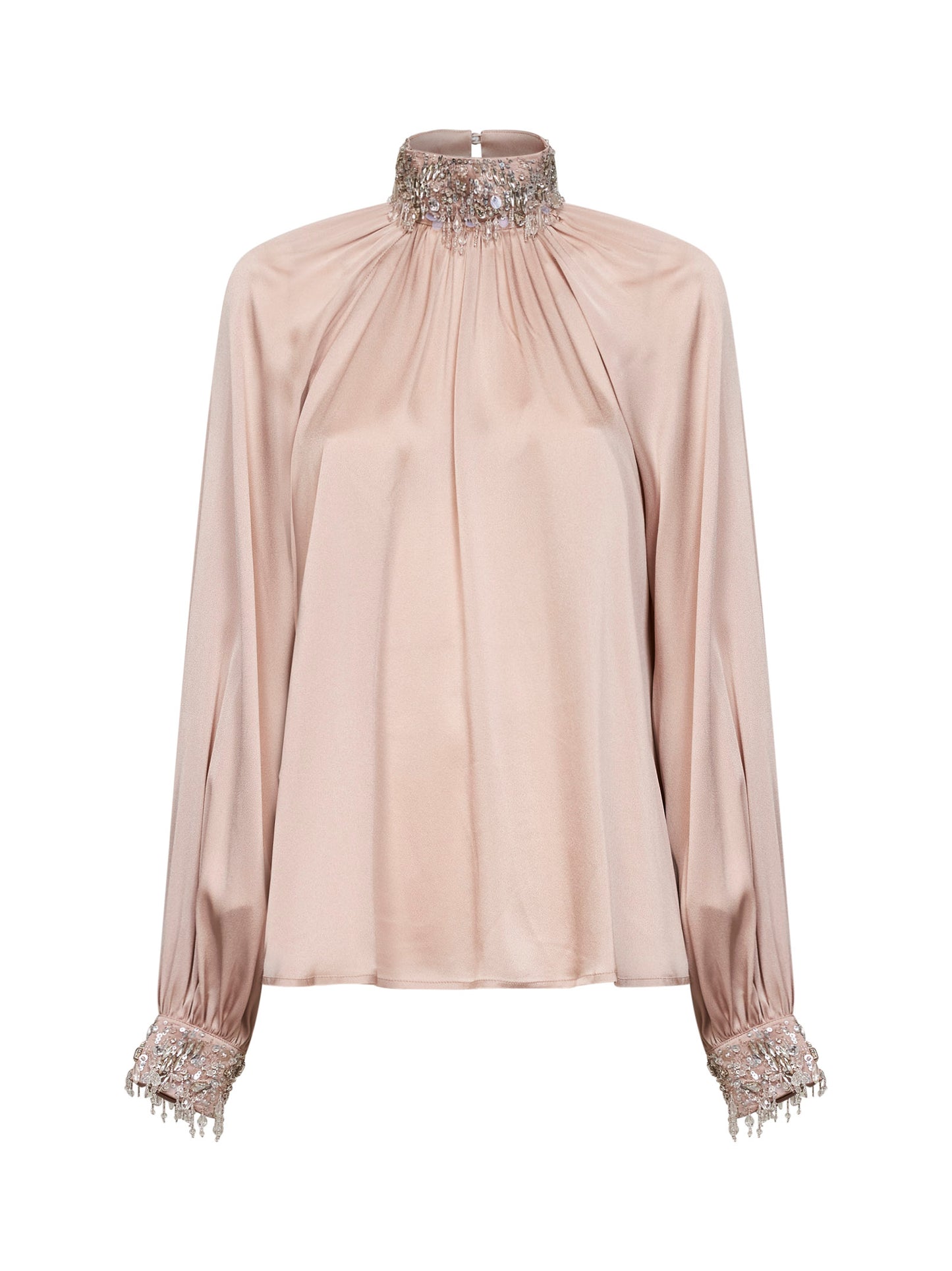 Blusa arricciata in raso di misto seta champagne con ricami