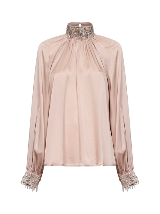 Blusa arricciata in raso di misto seta champagne con ricami