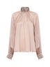 Blusa arricciata in raso di misto seta champagne con ricami