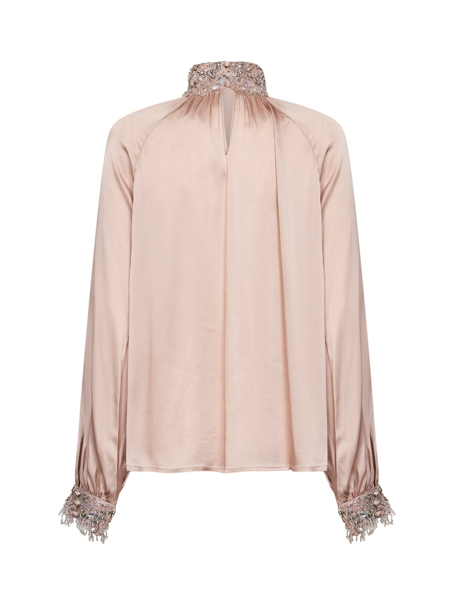 Blusa arricciata in raso di misto seta champagne con ricami