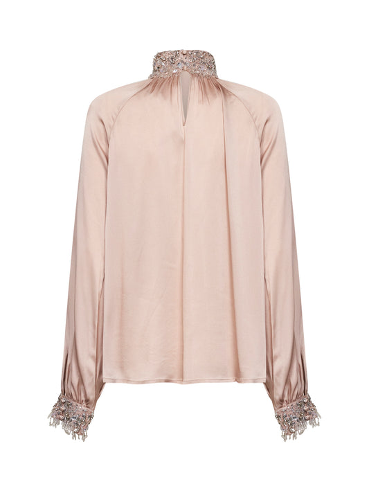 Blusa arricciata in raso di misto seta champagne con ricami