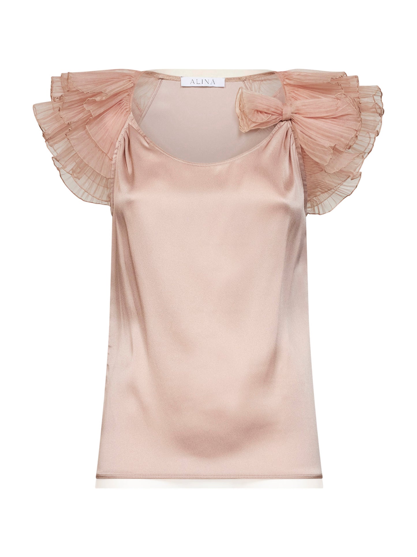 Champagne silk-blend satin top with pleated sleeves and bow