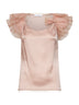 Champagne silk-blend satin top with pleated sleeves and bow