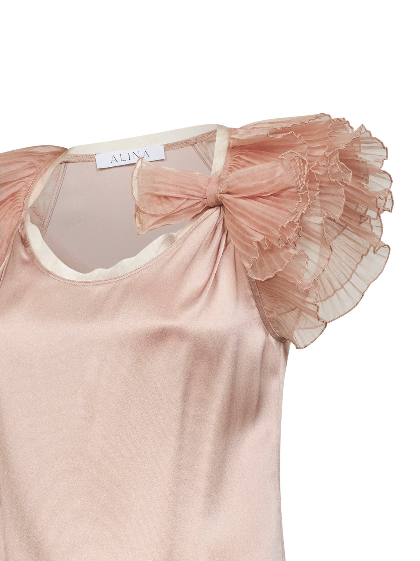 Champagne silk-blend satin top with pleated sleeves and bow