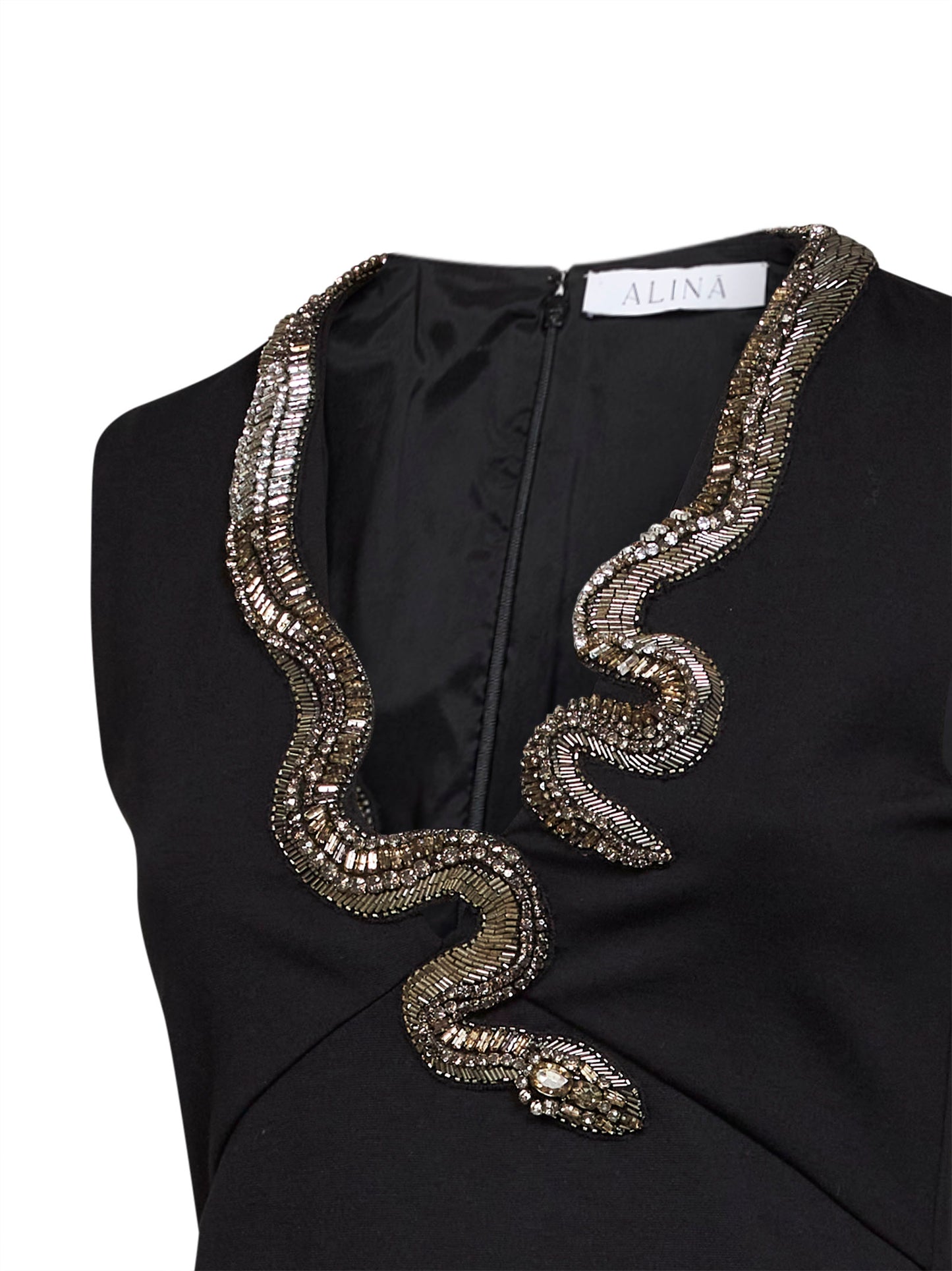 Abito midi a tubino in punto Milano nero con serpente gioiello