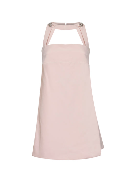 Powder pink stretch crepe mini dress with jewel buttons