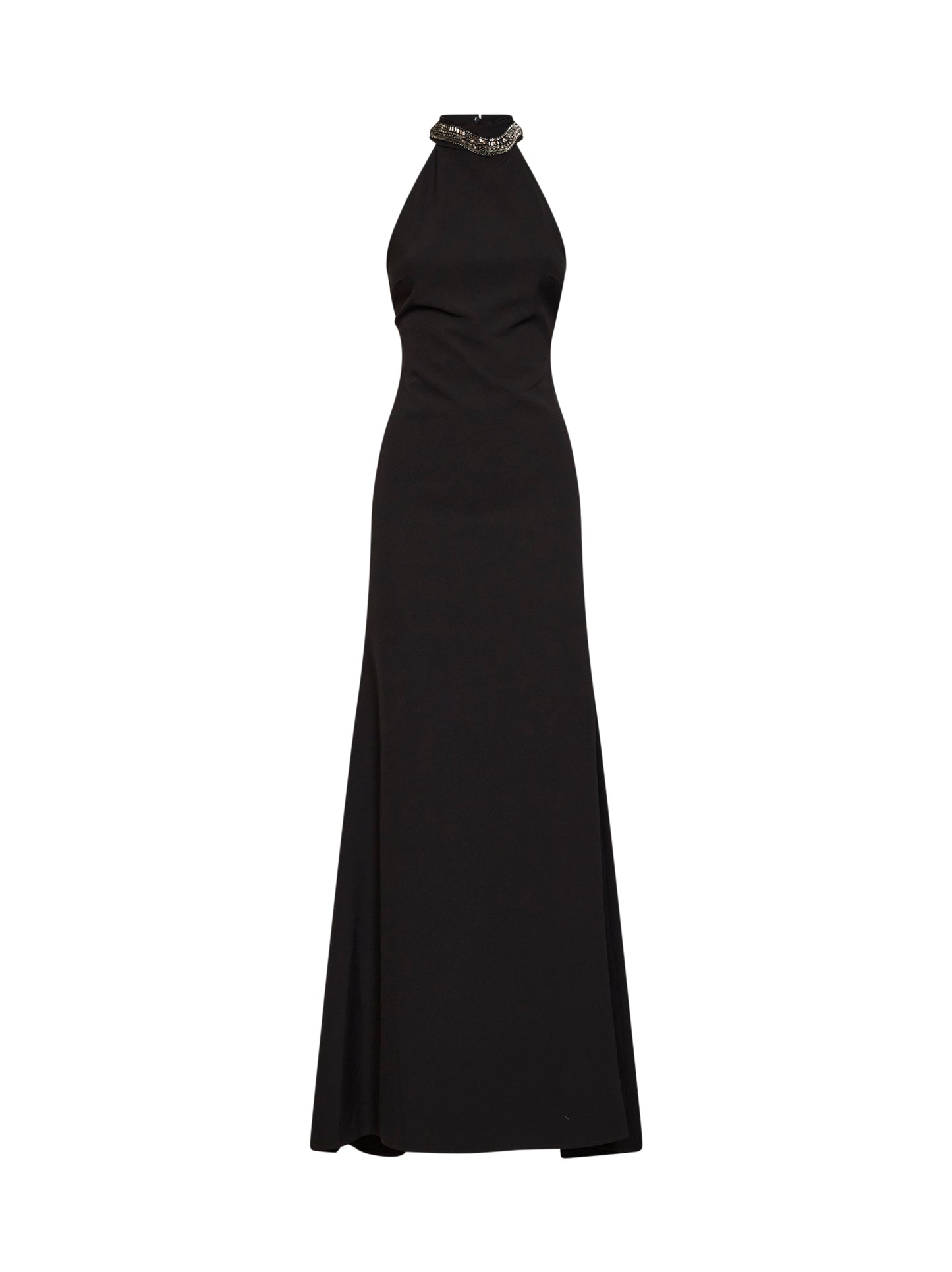 Abito lungo in crêpe stretch nero con ricamo serpente