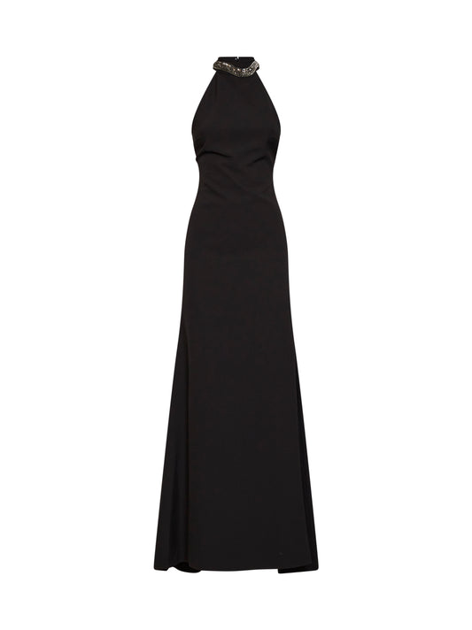 Abito lungo in crêpe stretch nero con ricamo serpente