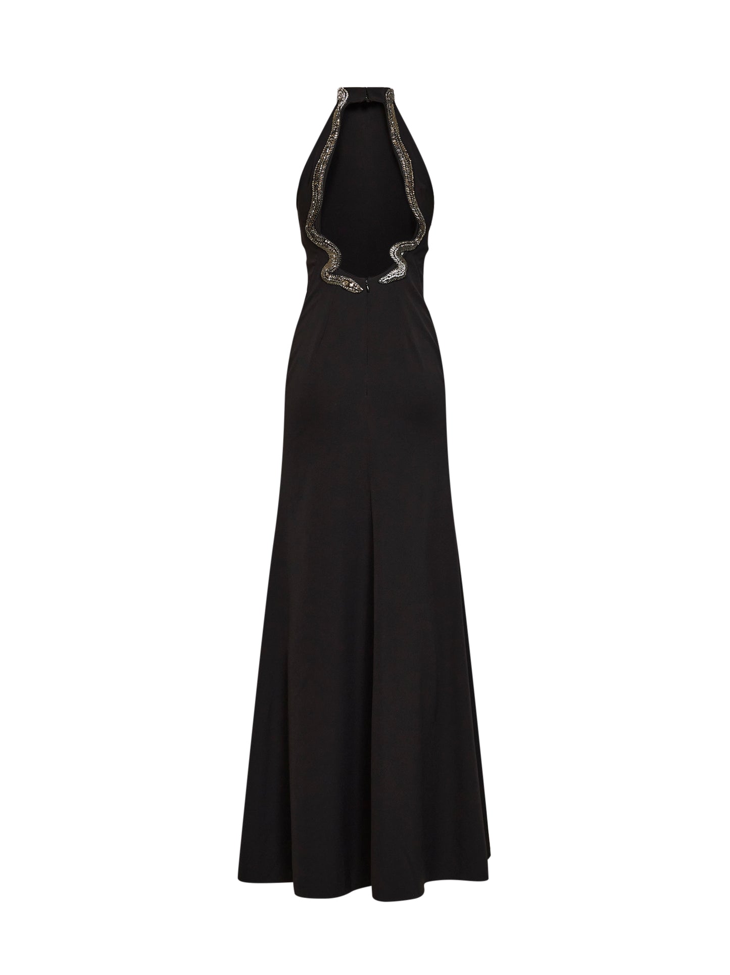 Abito lungo in crêpe stretch nero con ricamo serpente